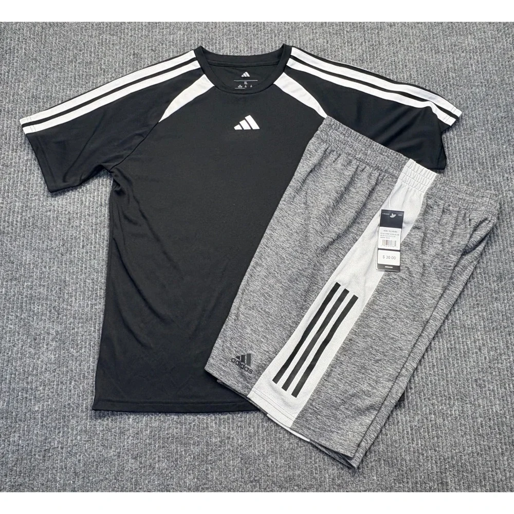 Adidas Boys XL 18/20 T-Shirt and Shorts Set Black Grey 2-Piece Activewear NWT